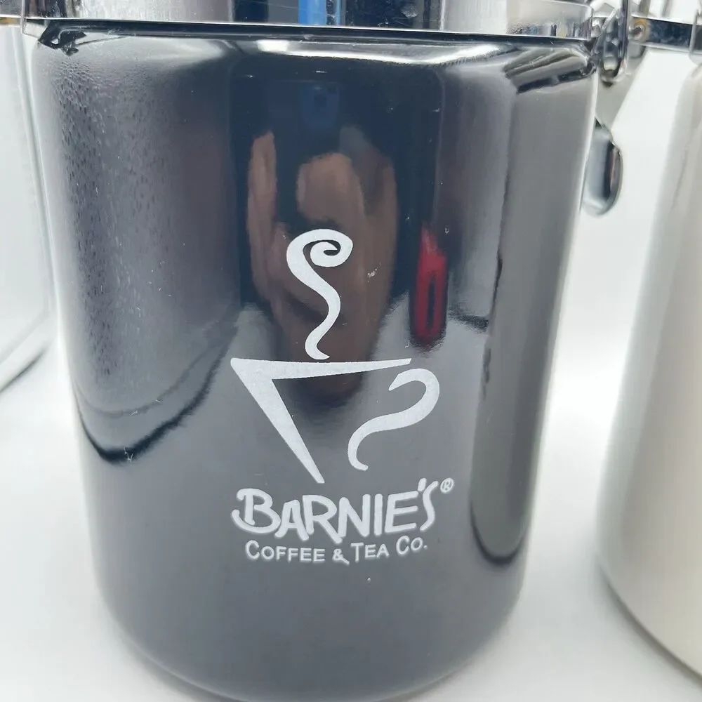 Barnie's Coffee & Tea Co. White Black Ceramic Canister Jar Set Of 2 - No Spoons